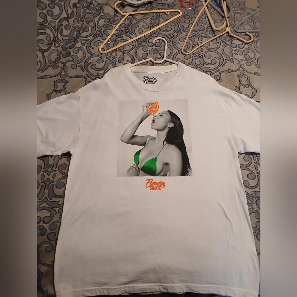 Bikini Girl White Graphic T-Shirt with Green and Orange Design